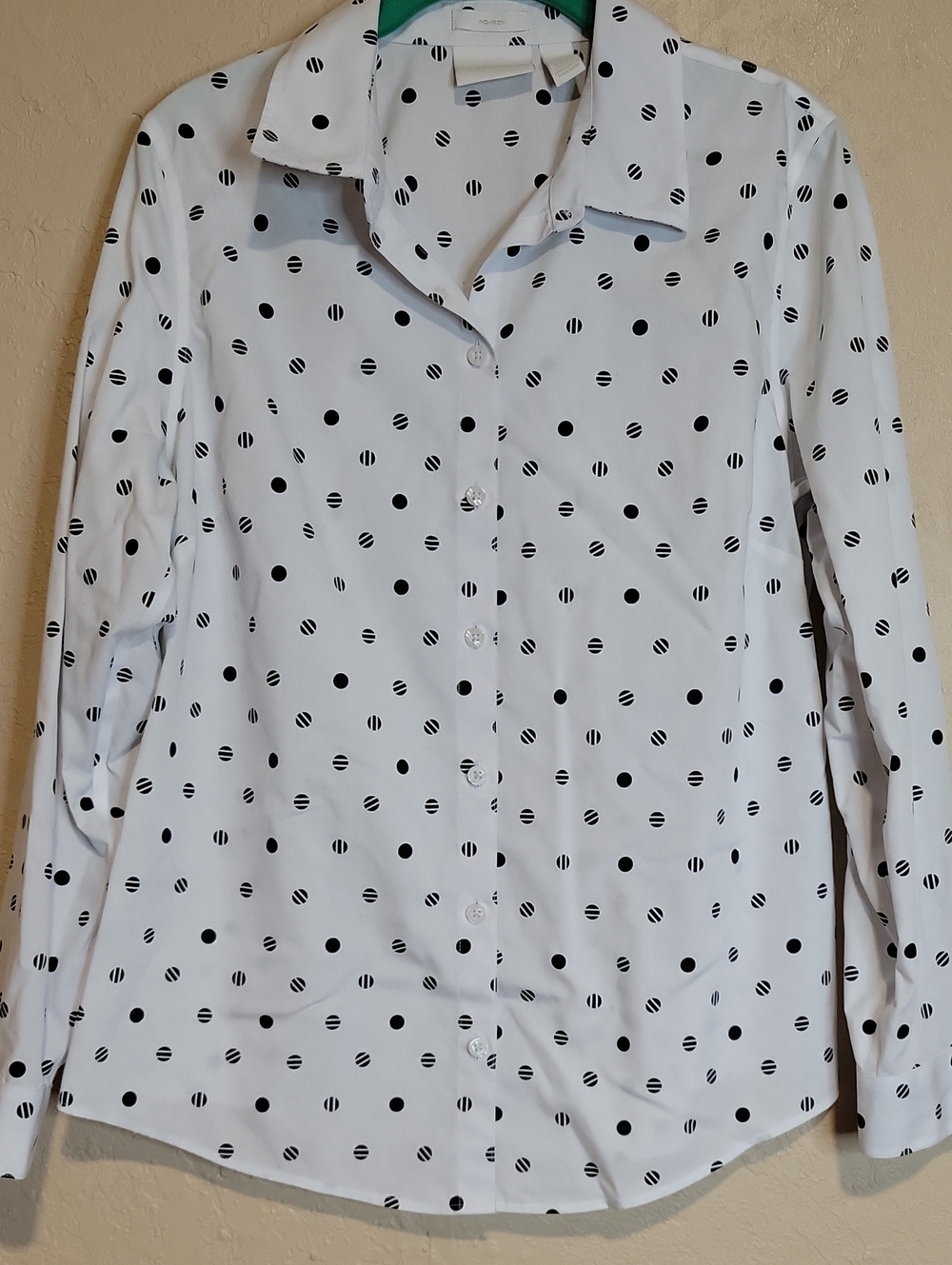Chico's White Button-Down Shirt with Black Polka Dots
